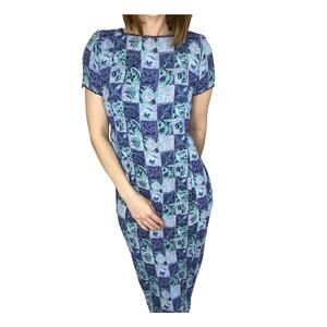 Vintage 1980s Blue Patchwork Floral Print Beaded Sheath Midi House Dress 6